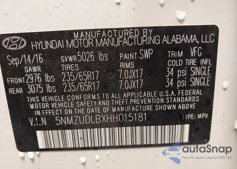 2017 Hyundai Santa Fe Sport 2.4L z USA, uszkodzony, nr VIN 5NMZUDLBXHH015181